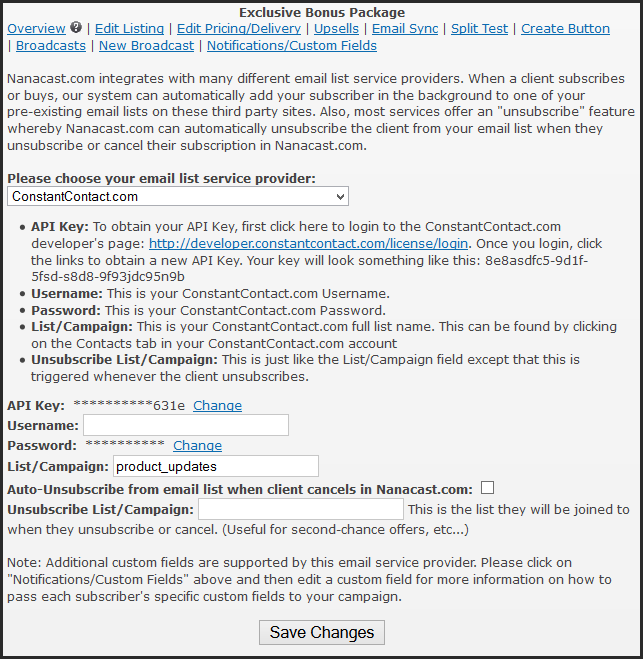 ConstantContact Settings with Nanacast