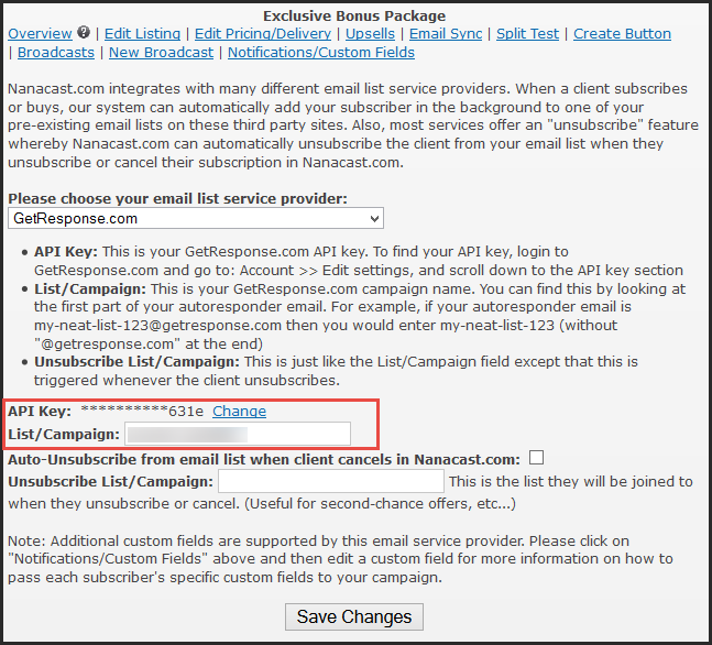 GetResponse Settings for Nanacast